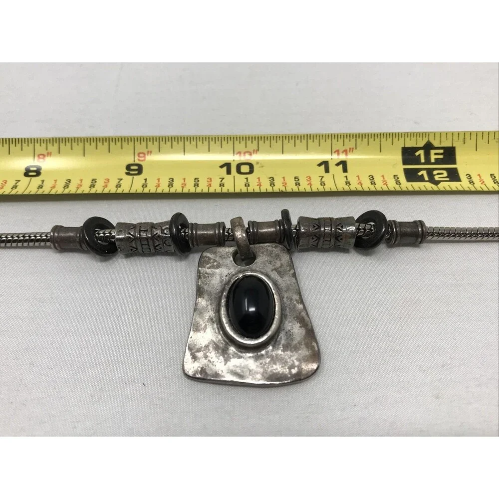 CHICO'S Pendant Necklace Hammered Silver Tone Metal Trapezoid w Black Oval